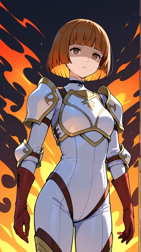 Leif (fire emblem),neutral, expressionless, standing, looking at viewer, (((blunt cut, bob, blunt bangs, bob cut))), wiry, gloves, choker, white bodysuit,cowboy shot,Shaded face, rolling eyes, no pupils, 1girl, solo, brown hair, brown eyes, 