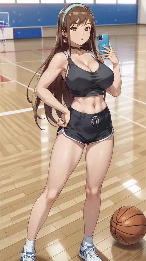 Sexy Ayane, UHD,   Long hair ,  Brown Eyes,  big breasts , wearing very short black tank top , booty shorts negros muy cortos,  gold earrings , headband , earphones, cell phone,  choker ,  sports shoes , socks,  on a basketball court,  sexy pose,  watching...