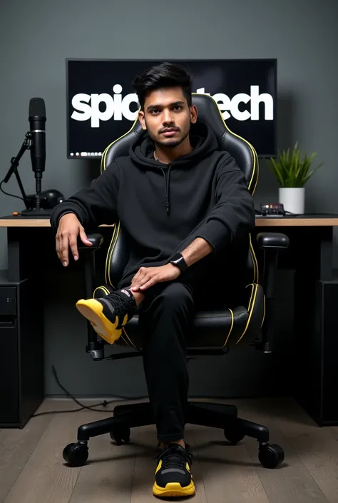 a twenty years old beautiful Bangladeshi boy, sits on a black gaming chair with yellow accent wearing modern black outfit with color matching shoes .behind him is a desk with computer monitor displaying the "spicy tech" in large bold letters. the room has ...