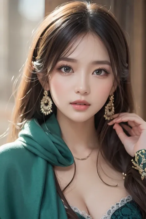 A woman in a blue dress with a long green scarf,facaup,, Beautiful Portraits, beautiful fantasy empress ,, , extremely detail . animated illustration ,