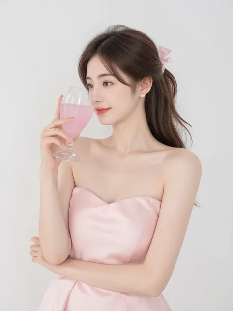 /imagine prompt: A studio photograph of a young woman, slightly tilting her head while smiling softly, holding a tall transparent glass with light pink drink in her right hand, the glass partially covering her right eye. She is wearing a satin pink straple...