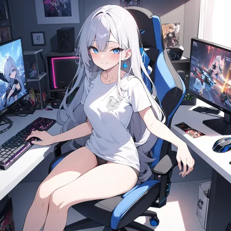  1 girl, Alone,  long hair,  high resolution,  blue eyes,  masterpiece, Exactly,  gaming room , pc, monitor, Keyboard, maus, Gaming pictures, poster,  dark room , Ready noodles ,  empty packs ,  girl with panties and t-shirt,  sitting on gaming chair , Swe...