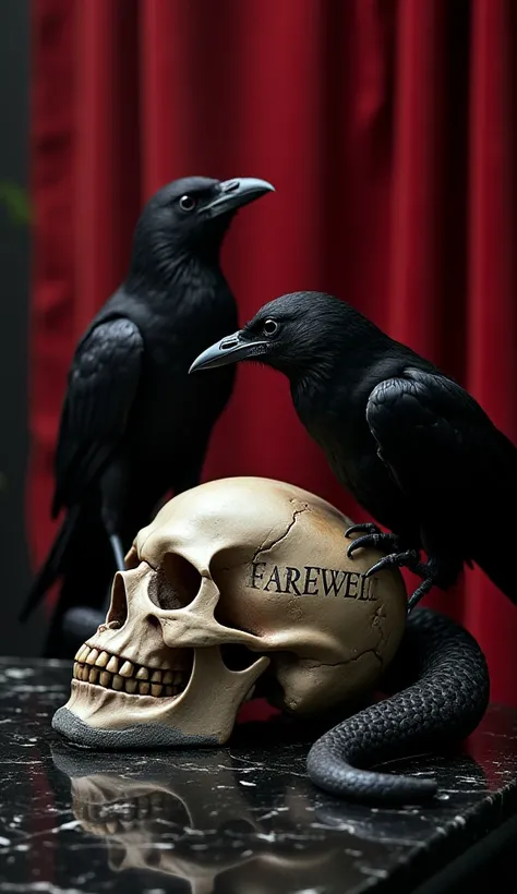 A skull on a black marble table. A black mamba fighting a black crow around the skull. Engraved "FAREWELL" On the skull.  Black and dark red ambiance.  luisant . Qualité supérieure et image presque immersive. Style réaliste dark fantasy. 