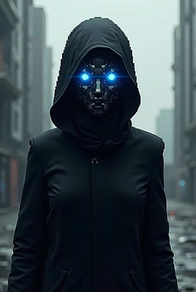 Create an image of a person wearing a black coat and electronic mask with 2 blue eyes in a pixel