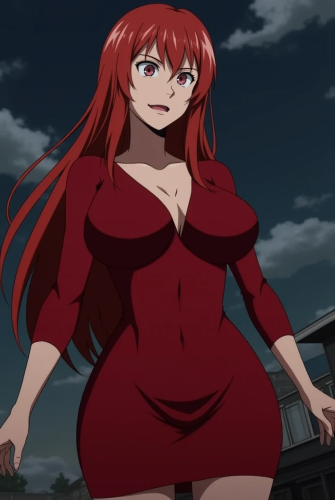  The image shows a woman with long red hair ,  wearing a tight red dress.  She seems confident and perhaps a little mysterious , with a serious expression and a slight smile on the lips with big boobs and ass. The background is a cloudy and slightly dark s...