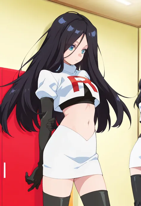 best quality, masterpiece
BREAK
1girl, natsukohirose, black hair, long hair, blue eyes,
team rocket,team rocket uniform,white skirt,red letter R,crop top,black thigh-highs,black elbow gloves, cowboy shot,
indoors