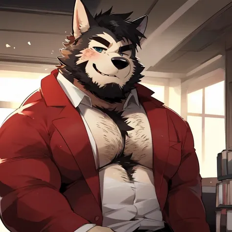 dog, furry, husky, handsome, very muscular, very big, extremely hot and sexy, beard, hair, chest hair, charming eyes, solo, male, happy expression, clothes, middle aged, daddy, heterochromia, by hyaku, by darkgem, by glitter trap boy