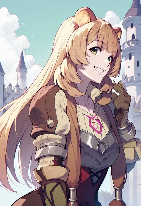 Raphtalia woman , blonde, blonde hair , bear ears, lemon green eyes,  pechos grandes, evil smile, wearing low-cut armor against a castle. sharp eyes. 1 sola mujer. Sexy