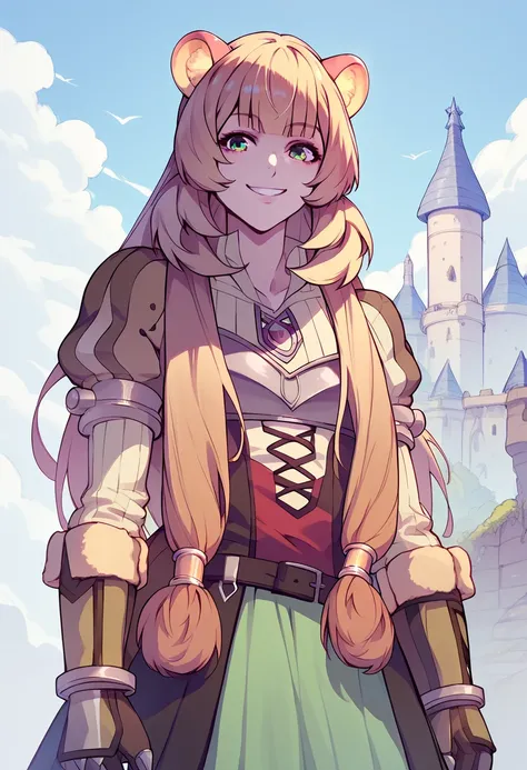 Raphtalia woman , blonde, blonde hair , bear ears, lemon green eyes,  pechos grandes, evil smile, wearing low-cut armor against a castle. sharp eyes. 1 sola mujer. Sexy