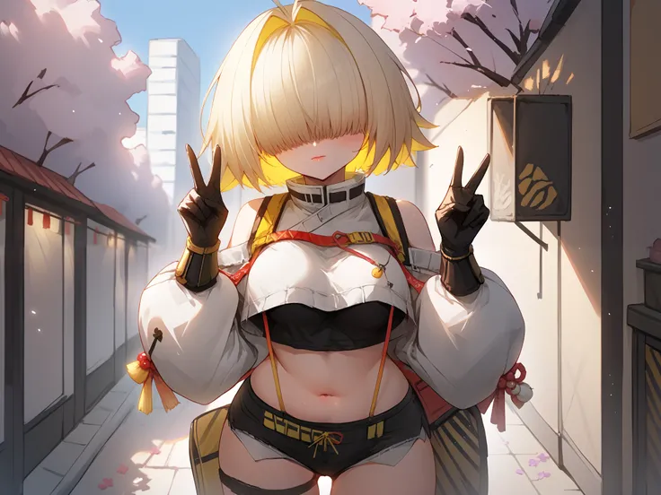 score_9, score_8_up, score_7_up, BREAK source_anime, 1girl, solo, outdoors, street, cherry blossoms, cowboy shot, standing, looking at viewer, elegg, short hair, bangs, hair intakes, multicolored hair, ((hair over eyes)), crop top, bare shoulders, long sle...