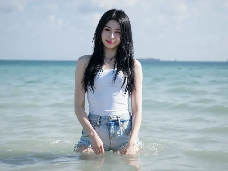 Realistic image, cinematic style, beautiful smiling Korean young woman with top tank and shorts, long hair, straight hair, black hair, glossy hair, shimmering hair, standing and half submerged in Venecian's channels open ocean at the background, Capturing ...