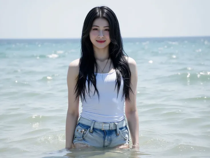 Realistic image, cinematic style, beautiful smiling Korean young woman with top tank and shorts, long hair, straight hair, black hair, glossy hair, shimmering hair, standing and half submerged in Venecian's channels open ocean at the background, Capturing ...