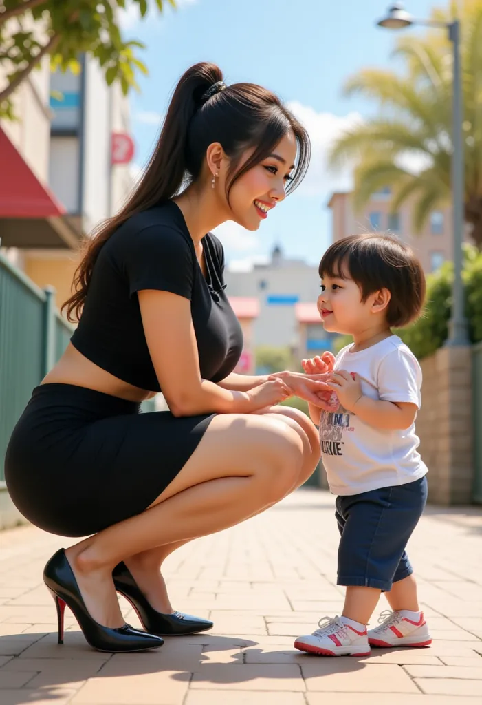 A combination of realistic illustrations, panoramic perspective, a virtuous and beautiful Chinese mother squats down to help a  y to walk. The mother wears a black croptop tshirt, black pencil-skirt and louboutins black heels. The mother's expression revea...