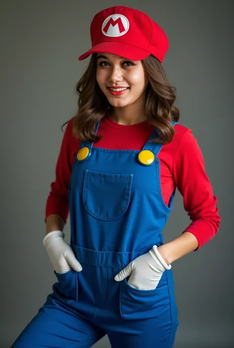 a woman in a blue and red costume poses for a picture, a colorized photo inspired by Mario Dubsky, tumblr, fantastic realism, wearing plumber uniform, super mario portrait, portrait of super mario, mario as a real person, professional cosplay, super mario,...