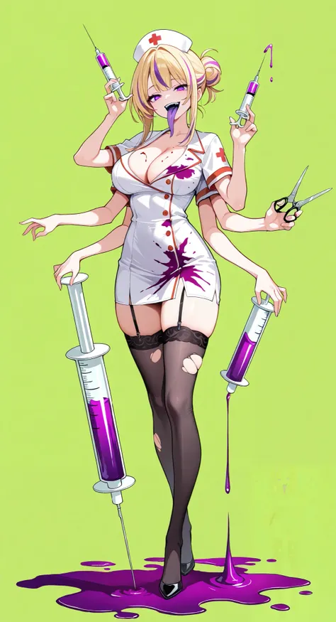 1girl, black thighhighs, blonde hair, blood, blood on clothes, breasts, cleavage, colored tongue, dress, dripping, extra arms, forked tongue, full body, garter straps, green background, hair bun, hands up, hat, holding, holding scissors, holding syringe, l...