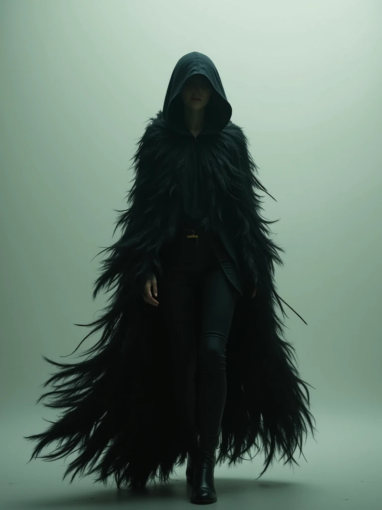 Dark, mysterious perfect woman figure shrouded in a cloak of black feathers.  Silhouette of a person wearing a hooded garment, dense with scattered, flowing black feathers.  Full-length figure, walking;  motion captured in a  still image.  A minimalist, mo...