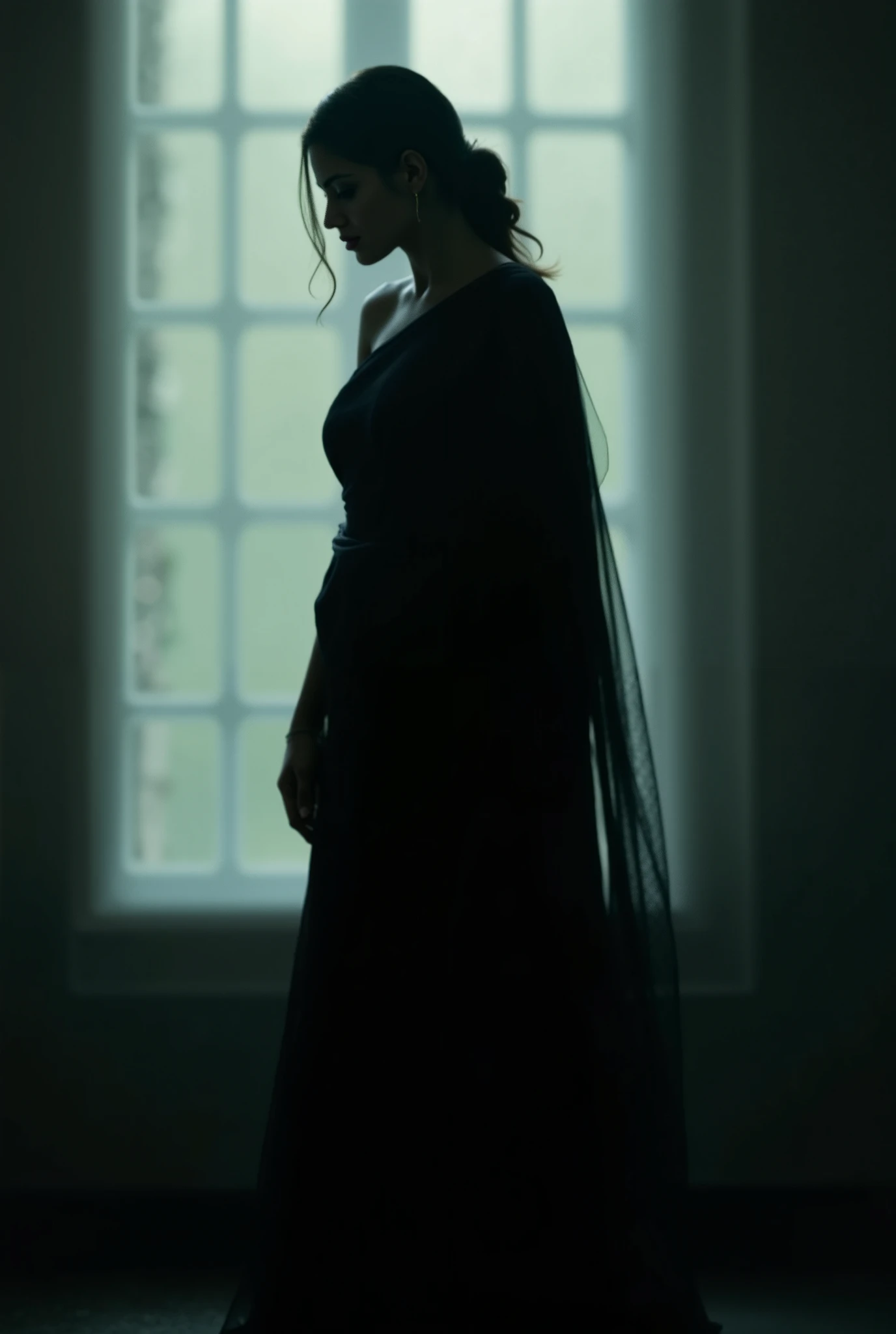 Dark Figure – A silhouette of a woman in black saree standing near the window, the shape slightly blurry and ominous.
