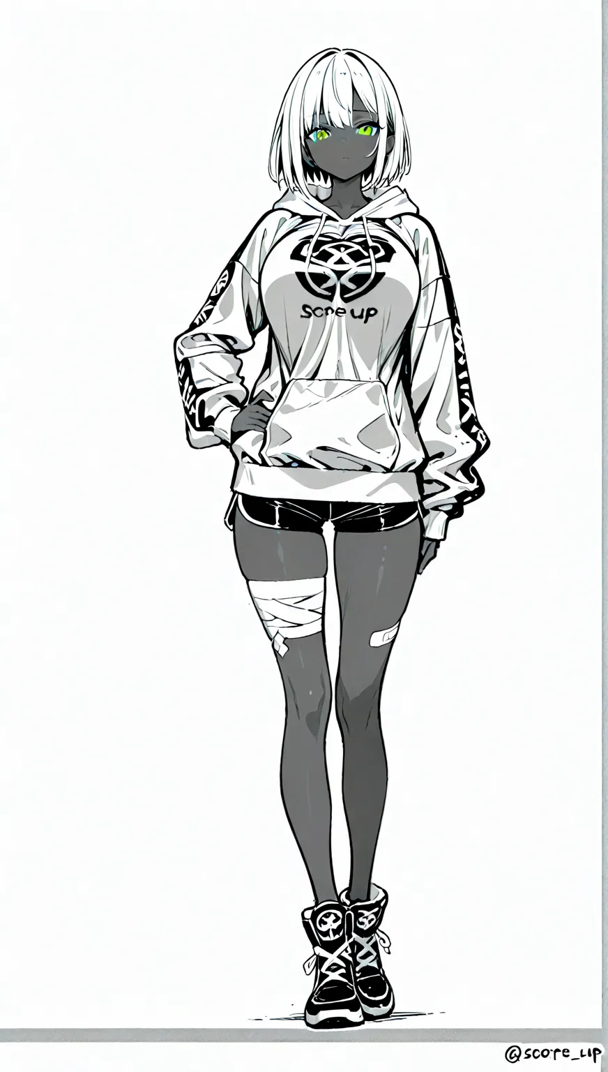  1girl, ((monochrome)), solo, greyscale, Arceus human female , Brown Skin ,big Breasts   , zip hoodie, whiter short hair , shirt, Green eyes , Shorts  , Full body,Shoes ,Bandage , Concept ART 