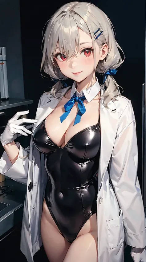 hakase fuyuki,silver hair,hair between eyes,hairclip,low twintails,red eyes,neck ribbon,long sleeves,black cardigan,white gloves,, lab coat, enamel highleg blue bunnysuit, breasts,  bewitching smile, 1girl, looking at viewer, 