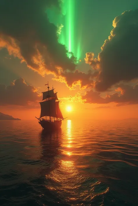 Make me a sunrise at sea , There is a green flash of light on the horizon and a black ship with black sails is anchored on the shore 