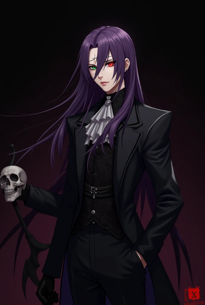  OC I animated a handsome man with long purple hair ,  with heart-shaped lenses Dark red ,  with a serious and somber look ,  wearing a black Victorian Gothic costume ,  with black gloves,  with scythes with a skull ,  with a crack in his nose and on his f...