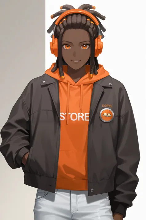 　 score_9,  score_8_ up the side.  score_7_ up the side,   score_9,
Brown skin 　 dark skin
orange hoodie black jacket
Turn your gaze, white background
cool guy
black jeans 、 orange sneakers
headphones
ID photo　Set your sights on watching

Laugh a little


...