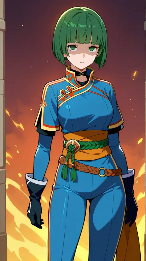 Lyn (fire emblem),neutral, expressionless, standing, looking at viewer, (((blunt cut, bob, blunt bangs, bob cut))), wiry, gloves, choker, Water blue bodysuit,cowboy shot,Shaded face, rolling eyes, no pupils, 1girl, solo, green hair, green eyes, 