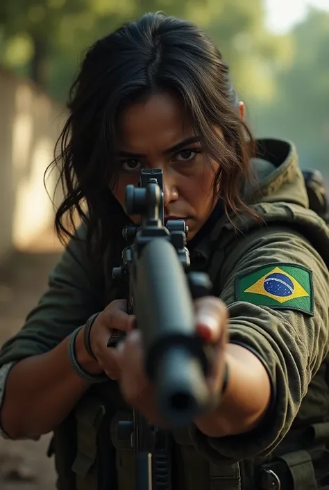 Personagem feminina do call of Duty, Brazilian character with brown skin, Aiming a rifle at the screen, soldier's uniform with the Brazilian flag sewn on his arm, The character can't be too delicate, The most tired character from the war