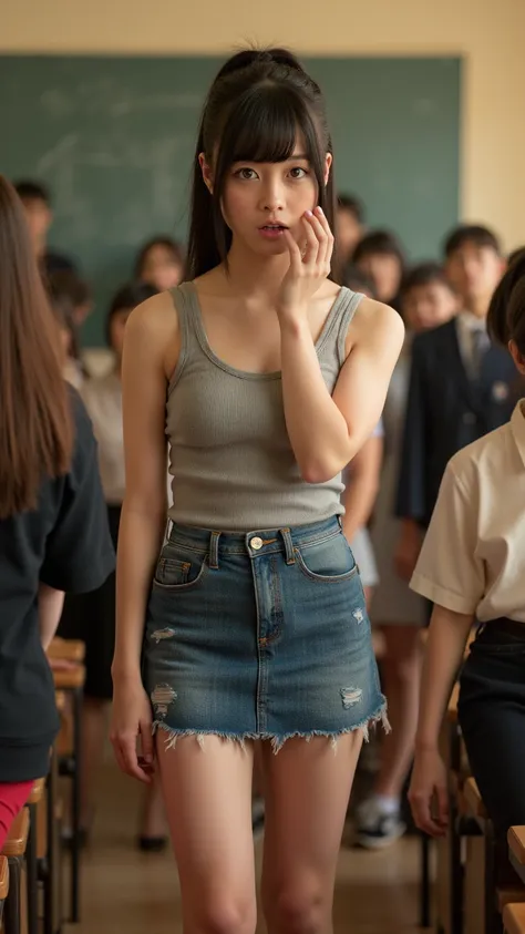 A high resolution photograph of a Japanese female college school student. She is starting with spread legs apart surrounded by classmates. The student wears a tank top and a denim mini-skirt. She has medium breasts and brown eyes. Her hairstyle is ponytail...