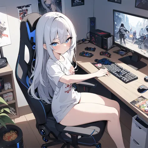 1  girl, Alone,  long hair,  high resolution,  blue eyes,  masterpiece, Exactly,  gaming room , pc, monitor, Keyboard, maus, Gaming pictures, poster,  dark room , Ready noodles ,  empty packs ,  girl mit Höschen und T-Shirt,  sitting on gaming chair , Swee...