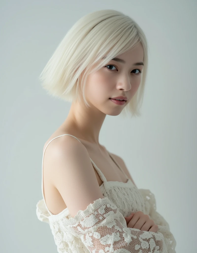 Bewitching Goddess, ((perfect anatomy:1.2, realistic:1.3, RAW Photography:1.3, masterpiece, highest quality, Ultra-High resolution, High resolution, Highly detailed CG, 8K)), image of a female siren, pixie cut hair, albino white hair, hair blowing in the w...