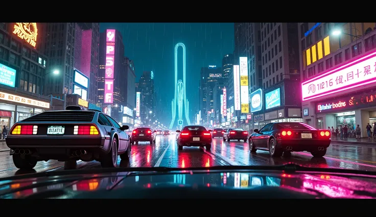 First-person view, gazing through a rain-streaked windshield into a retro-neon city at night. The wet asphalt glows with reflections of electric cyan, magenta, and gold neon signs. Traffic flows steadily—a DeLorean DMC-12 ahead with a cracked windshield an...