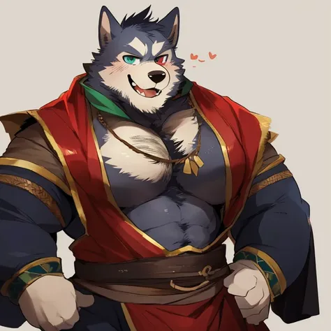 dog, furry, husky, handsome, very muscular, very big, extremely hot and sexy, beard, hair, chest hair, charming eyes, solo, male, happy expression, medieval clothes, daddy, heterochromia, by hyaku, by darkgem, by glitter trap boy