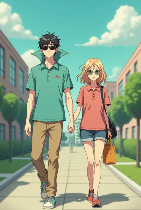 Anime Preppy boyfriend wearing a Massive Popped Collar Polo that's taller than his head while walking with with his Preppy girlfriend