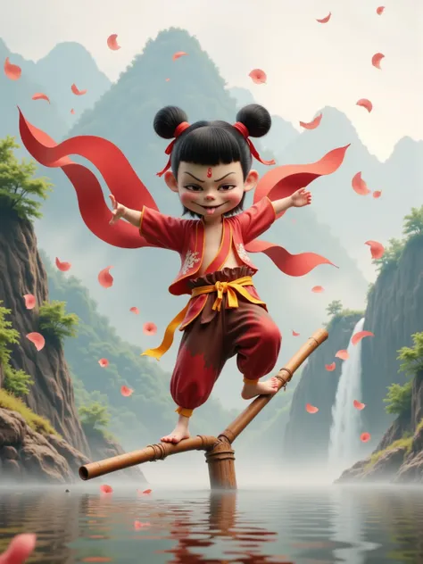 Cartoon CGI style, A cheeky boy in red-brown martial arts outfit balances on bamboo poles, tongue sticking out mid-wobble. Twin buns tied with frayed red ribbons, oversized sleeves flapping wildly. Background shows misty mountain valley with ink-wash style...