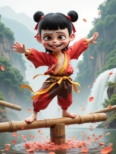 Cartoon CGI style, A cheeky boy in red-brown martial arts outfit balances on bamboo poles, tongue sticking out mid-wobble. Twin buns tied with frayed red ribbons, oversized sleeves flapping wildly. Background shows misty mountain valley with ink-wash style...