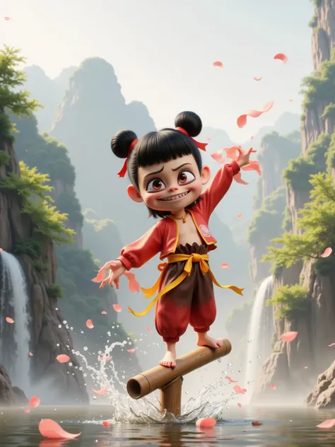 Cartoon CGI style, A cheeky boy in red-brown martial arts outfit balances on bamboo poles, tongue sticking out mid-wobble. Twin buns tied with frayed red ribbons, oversized sleeves flapping wildly. Background shows misty mountain valley with ink-wash style...