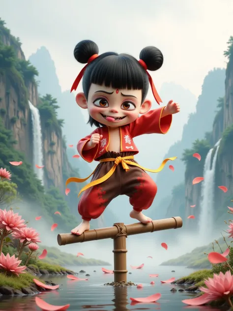 Cartoon CGI style, A cheeky boy in red-brown martial arts outfit balances on bamboo poles, tongue sticking out mid-wobble. Twin buns tied with frayed red ribbons, oversized sleeves flapping wildly. Background shows misty mountain valley with ink-wash style...