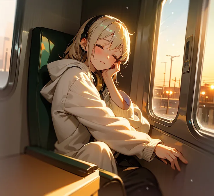 A girl on a train relaxing with close eyes using headphone, next the window, outside is snowing in the sunset