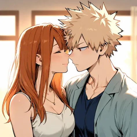 bakugo katsuki, girl with long auburn hair, couple, detailed, cute, moonlight