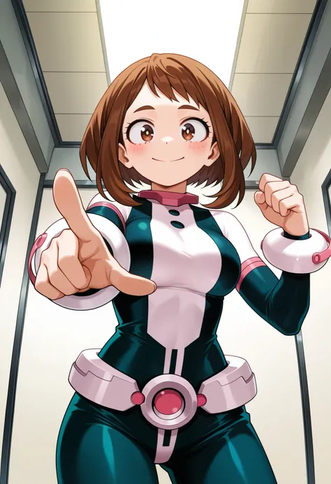 masterpiece, best quality, amazing quality, anime screencap. BREAK. ochako_uraraka, my_hero_academia, superhero_costume, happy, ok_hand, pointing, smile, solo, female, brown_hair, brown_eyes, short_hair, closed_mouth, looking_at_viewer, indoors, white_back...