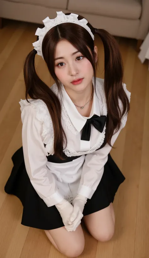 32k, Masterpiece, top quality,  ( Korea's Beautiful Woman)   High-angle, close-up view, pigtails, maid outfit, white top, black bodice, short skirt, lace, kneeling, serene expression, eyes closed, hands clasped, white gloves, wooden floor, warm lighting, i...