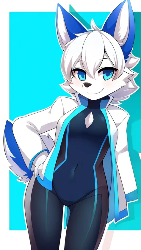 furry，coyote，White hair，White-colored skin，blue surcoat，Blue pupil，Black pantsuit，ssmile