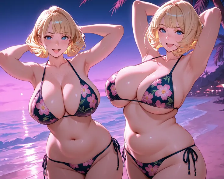 (( top quality)), (( Masterpiece)),big tits woman in an adult costume , 1girl , chubby, open mouth,freckles, breasts, swimsuit,  flower print bikini, beach, Alone, blonde hair, blue eyes, armpits,  navel, looking at viewer, night club ,  neon,pink lighting...