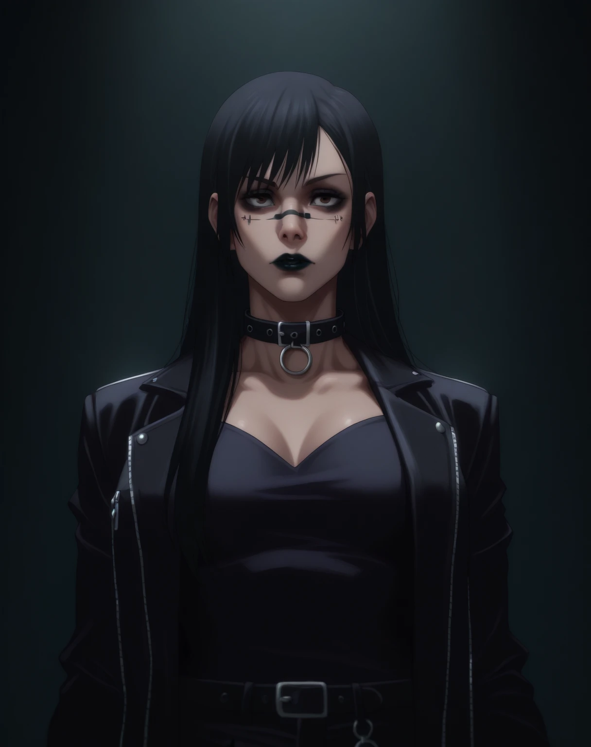 1 girl, Women, emo_Hairstyle,  black lipstick ,  dog collar ,  eye pencil,  eye shadow , smoky eyes,  Realistic lighting, cabello corto,  stand up , ropa leather,  open clothing, neckline, leather,  belt,  the best quality, obra maestra,  Precise, Jujutsu ...