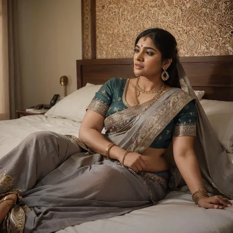 Full body image, Top view Full body image, indian hourglass body, Indian plus sized 29 year old Telugu bride mahe gill, lovely face, mouth wide open, wearing highly embroideried pink colour linen deep square cut blouse and brown colour linen saree , sittin...