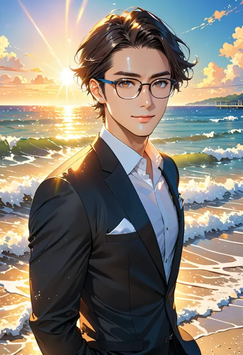 (masterpiece, Best Quality:1.2), One Man、(side), Brown eyes, Beautiful Face, beautiful eyes, wear glasses, Black Suit、Backlight, Standing on the beach, (sea, Shining Water Surface), Wave, Summer pier landscape background, Vibrant colors, Bright sunlight, 8...