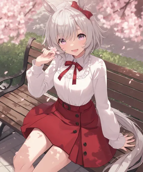 very awa, masterpiece, best quality, newest,  highres, absurdres、 There is only one 、heal chan、Uma Musume　heal chan、 gray hair 、 cream colored clothes、 red skirt、Outdoors、 park bench、sit、 Sunny、 light shines in the water 、 smile and open your mouth、