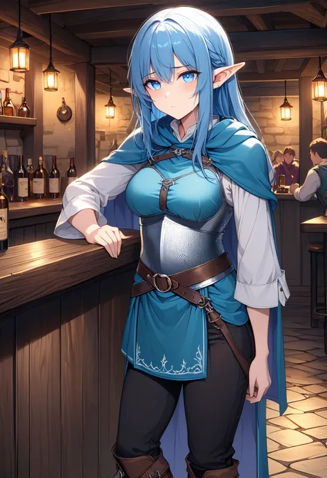 High Resolution, Masterpiece, 4K, tavern interior, night, 1girl, blue hair, long straight hair, medium breasts, blue eyes, half elf ears, chainmail vest, cyan tunic, purple cloak, black pants, wrapped boots, standing by counter, uncomfortable expression