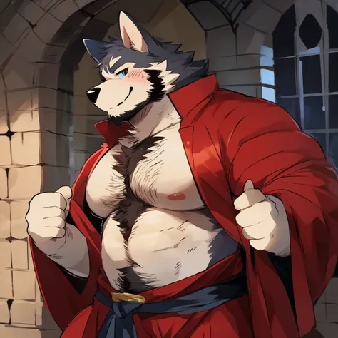 dog, furry, husky, handsome, very muscular, very big, extremely hot and sexy, beard, hair, chest hair, charming eyes, solo, male, happy expression, medieval clothes, daddy, heterochromia, by hyaku, by darkgem, by glitter trap boy